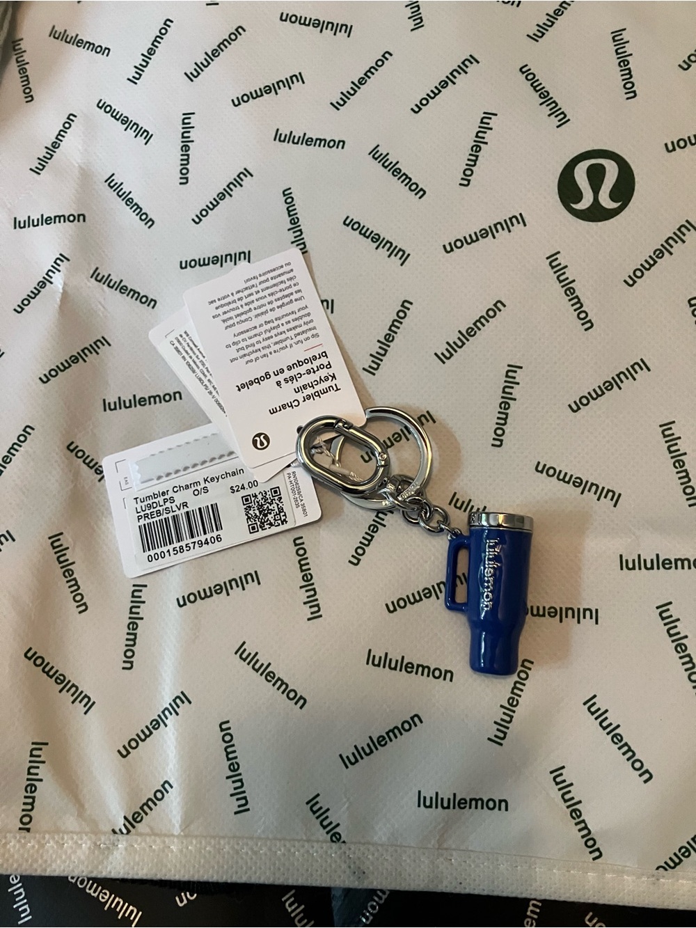NWT Lululemon Tumbler Charm Keychain in Prep Blue/Silver